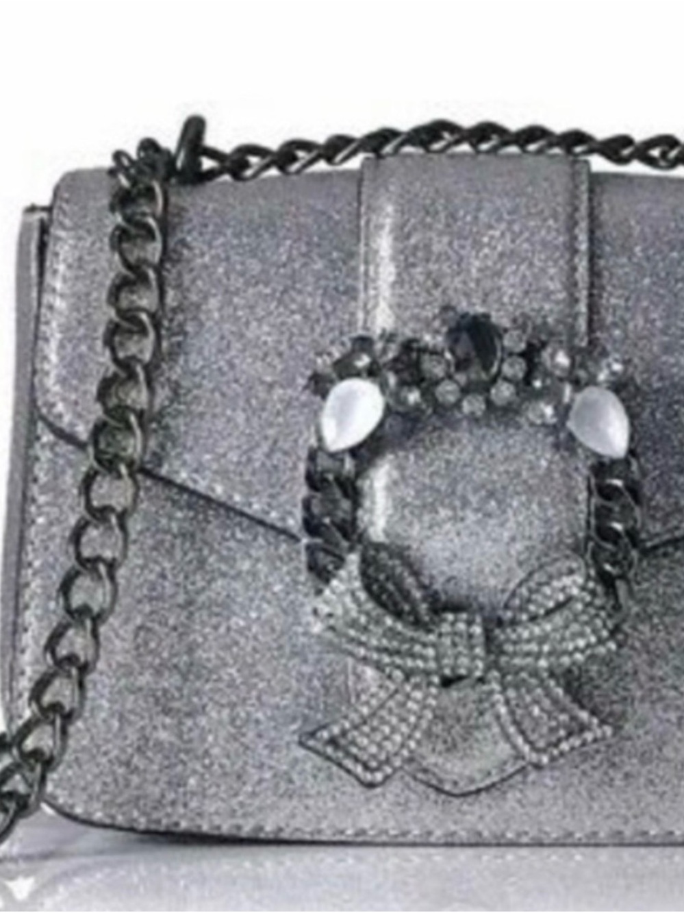 Aldo Silver Glitter Crossbody Bag with Jeweled Buckle